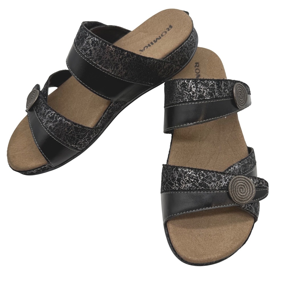 Romika Black sandal 8.5 Metallic Leather Slide Adjustable Straps Womens 39 8.5